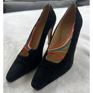 Vintage Sacha‎ London Black Suede Rainbow String Strap Heels Size 8.5 Women's